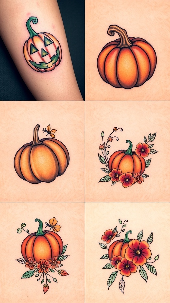 A variety of pumpkin tattoo designs including jack-o